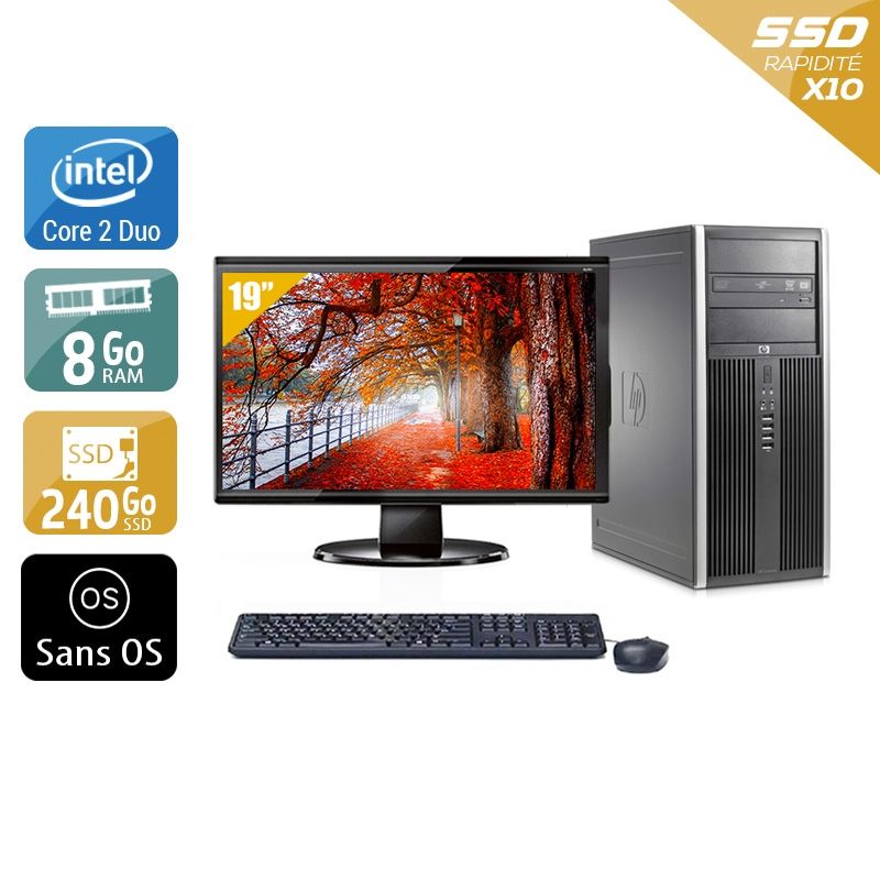 HP Compaq Elite 8000 Tower Core 2 Duo avec Écran 19 pouces 8Go RAM 240Go SSD Sans OS