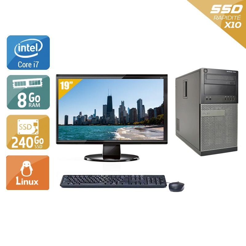 Dell Optiplex 7010 Tower i7 avec Écran 19 pouces 8Go RAM 240Go SSD Linux