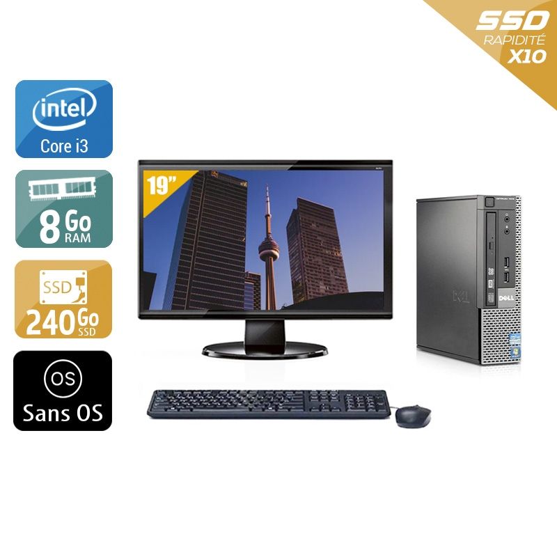 Dell Optiplex 7010 USDT i3 avec Écran 19 pouces 8Go RAM 240Go SSD Sans OS