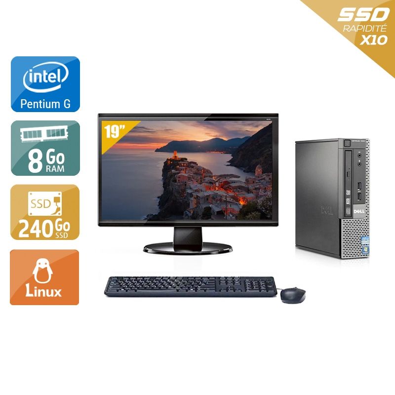 Dell Optiplex 7010 USDT Pentium G Dual Core avec Écran 19 pouces 8Go RAM 240Go SSD Linux