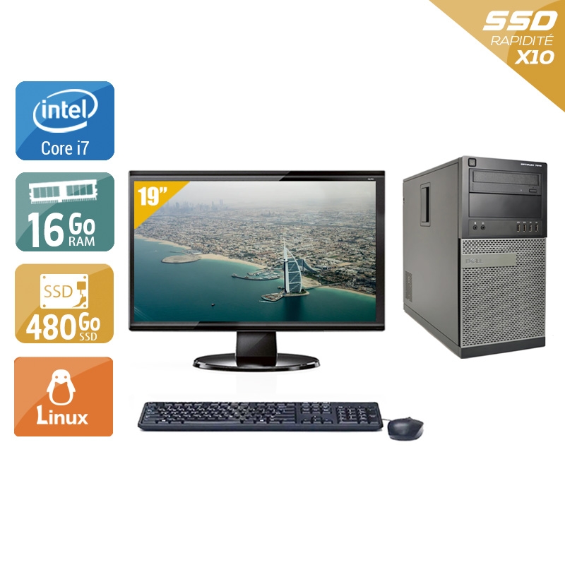 Dell Optiplex 790 Tower i7 avec Écran 19 pouces 16Go RAM 480Go SSD Linux