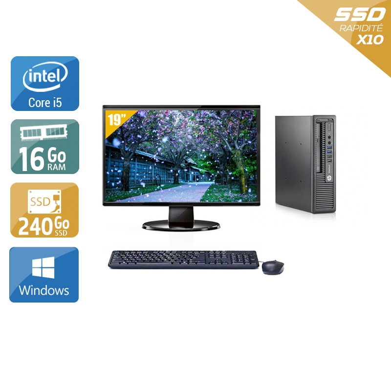 HP EliteDesk 800 G1 USDT i5 avec Écran 19 pouces 16Go RAM 240Go SSD Windows 10