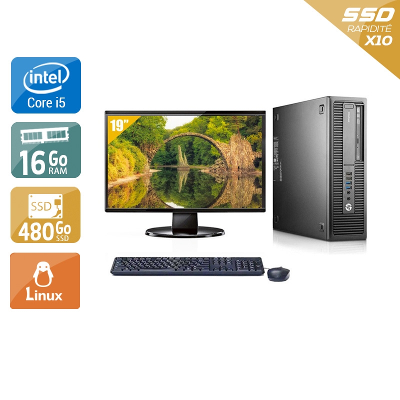 HP EliteDesk 800 G2 SFF i5 Gen 6 avec Écran 19 pouces 16Go RAM 480Go SSD Linux