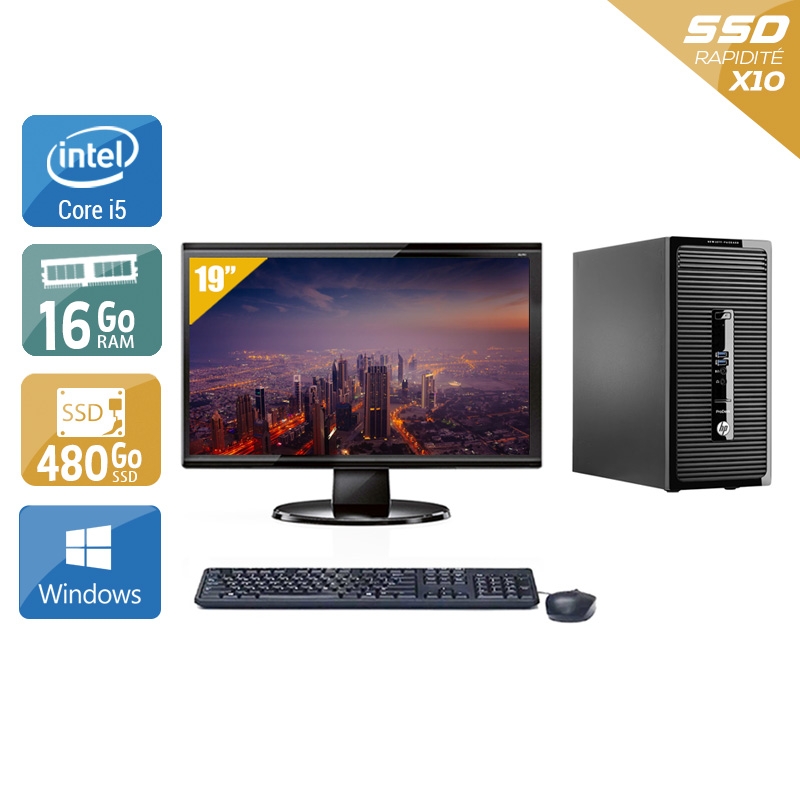 HP ProDesk 400 G2 Tower i5 avec Écran 19 pouces 16Go RAM 480Go SSD Windows 10