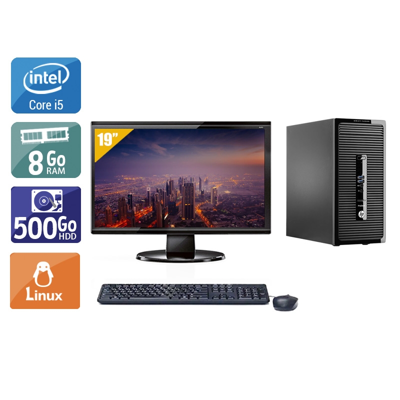 HP ProDesk 400 G2 Tower i5 avec Écran 19 pouces 8Go RAM 500Go HDD Linux