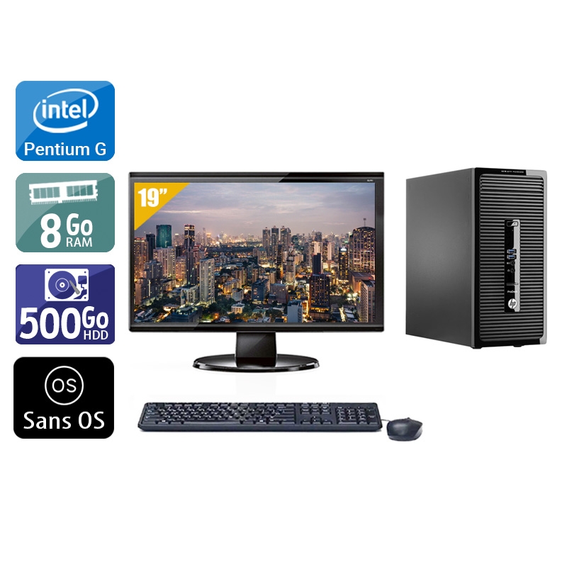 HP ProDesk 400 G2 Tower Pentium G Dual Core avec Écran 19 pouces 8Go RAM 500Go HDD Sans OS