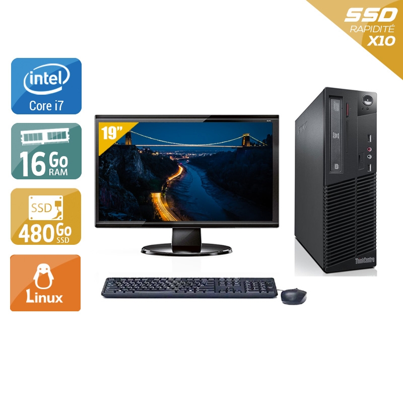 Lenovo ThinkCentre M73 SFF i7 avec Écran 19 pouces 16Go RAM 480Go SSD Linux