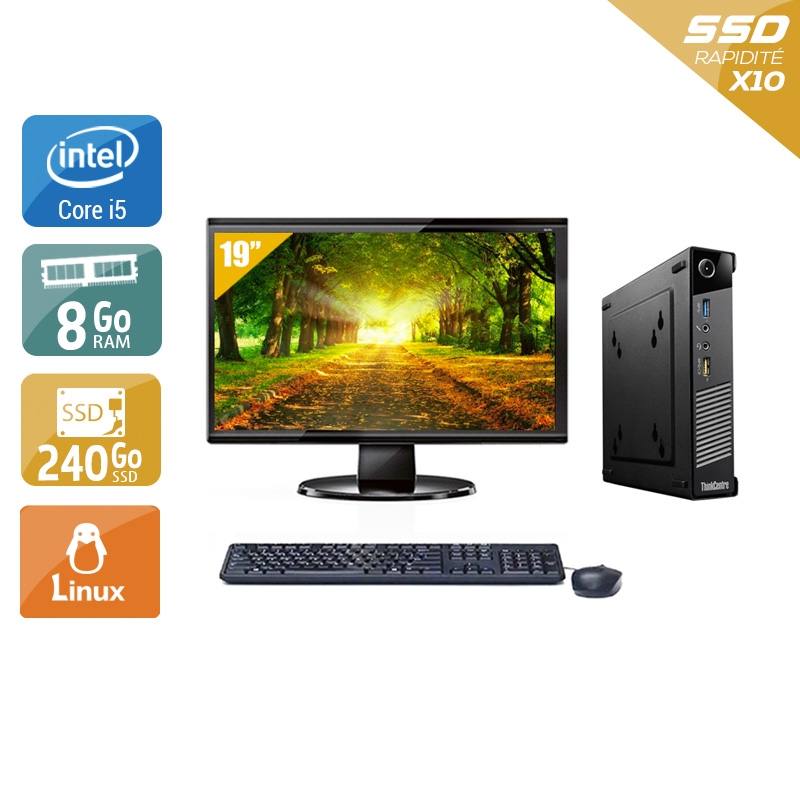 Lenovo ThinkCentre M73 Tiny i5 avec Écran 19 pouces 8Go RAM 240Go SSD Linux