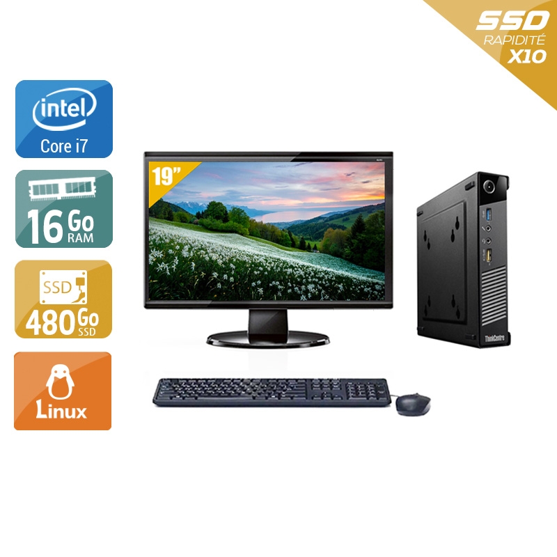 Lenovo ThinkCentre M73 Tiny i7 avec Écran 19 pouces 16Go RAM 480Go SSD Linux