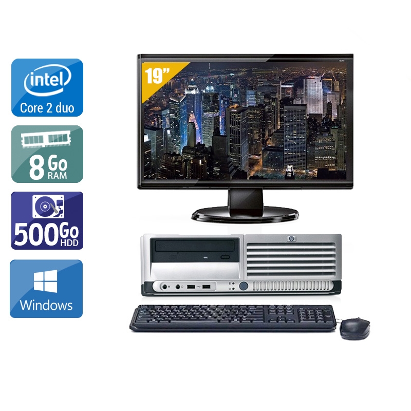 HP Compaq dc7700 SFF Core 2 Duo avec Écran 19 pouces 8Go RAM 500Go HDD Windows 10
