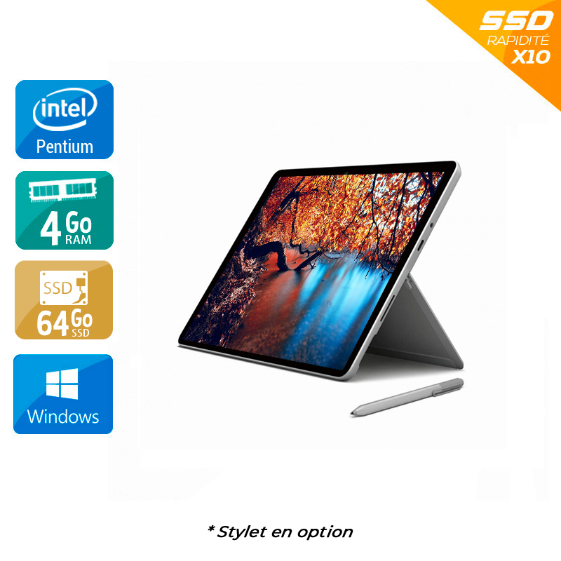 Microsoft Surface Go 1824 10'' Pentium Gold 4Go RAM 64Go SSD Windows 10 Bon étatOccasion certifiée reconditionnée